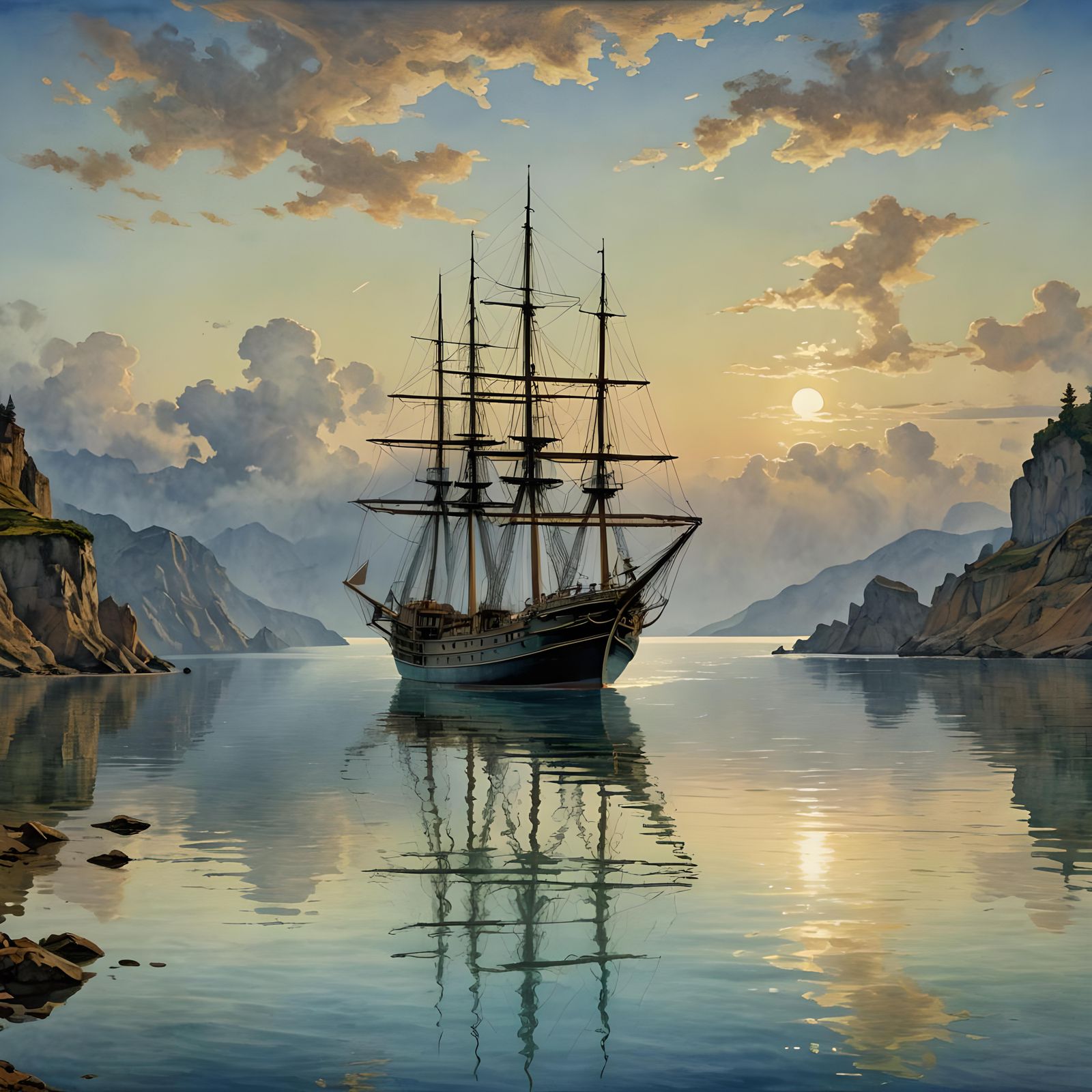 Ship at Anchor: Digital Watercolour Surrealism