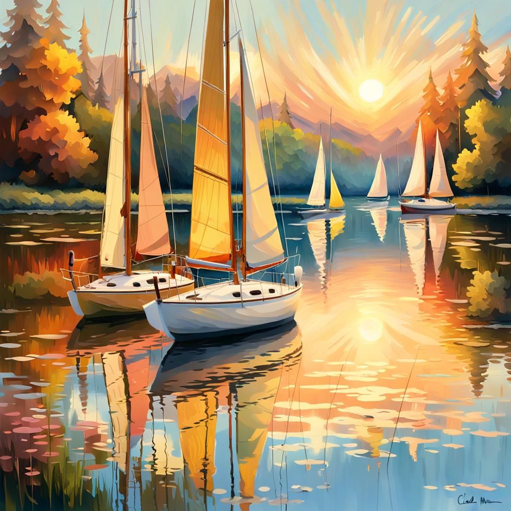 Sailboats on Serene Lake: A Digital Impression