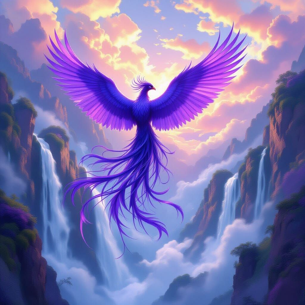 Majestic Purple Phoenix Soaring in Impressionist Style