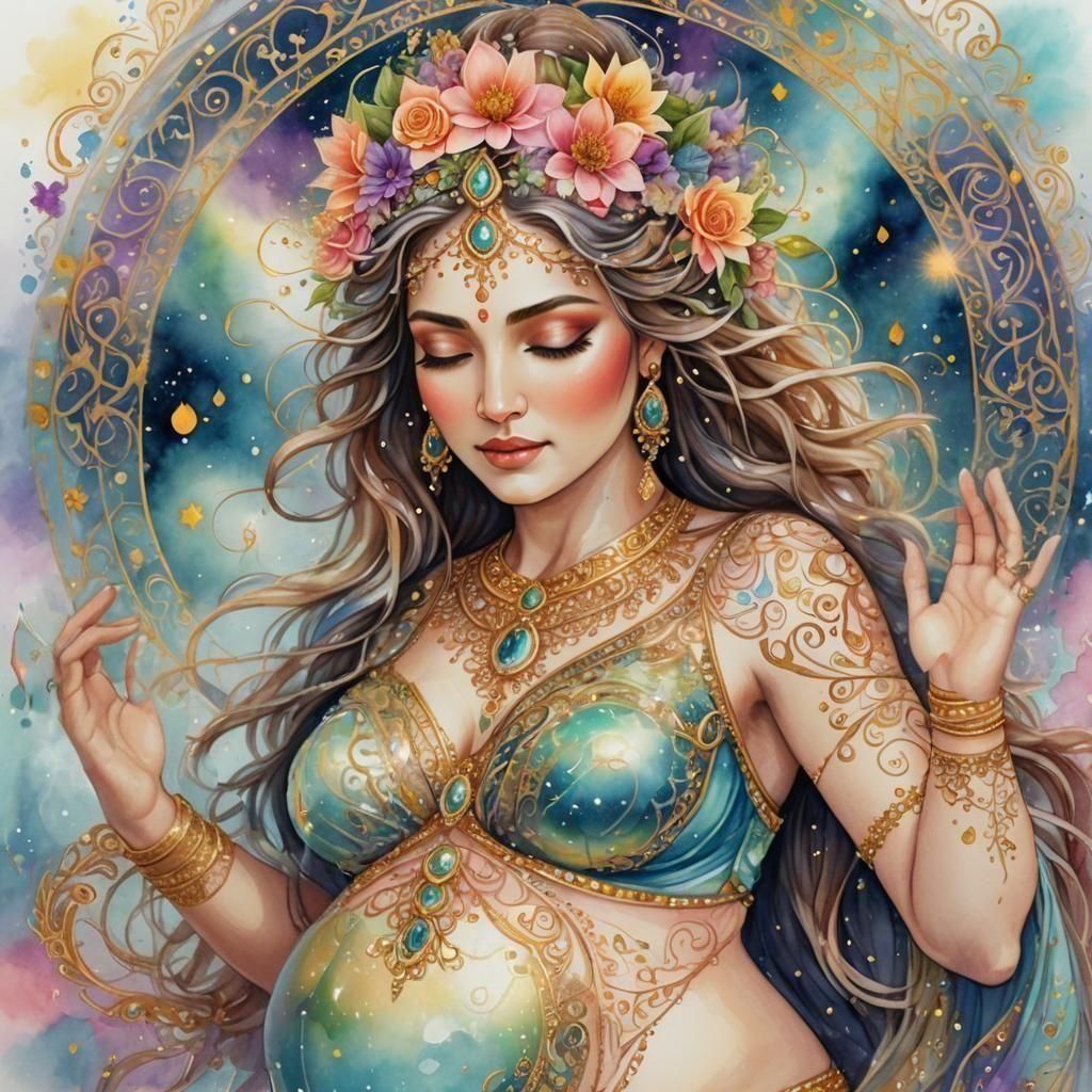Pregnant Celestial Goddess Adorned in Jewels and Flowers