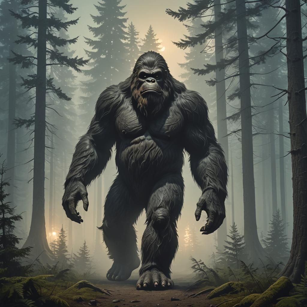 Bigfoot in Twilight Foggy Forest
