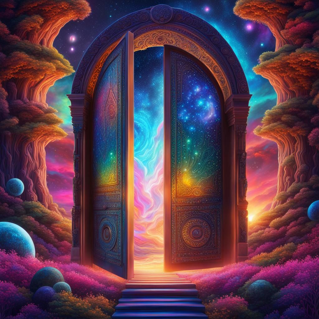 Tiny open door fantasy to a magical world 8k resolution holographic astral cosmic illustration mixed media by Pablo Amar...