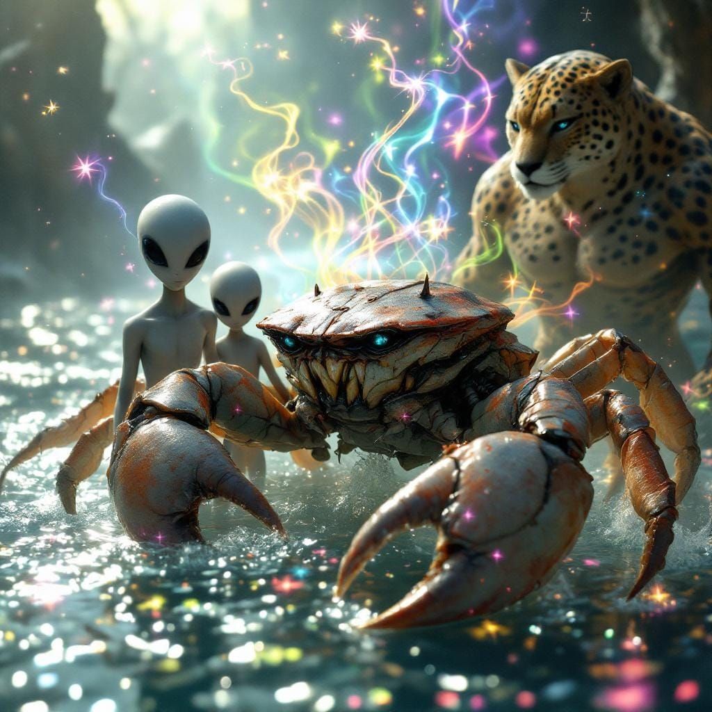 Crab Hybrid with Aliens in Shimmering Water