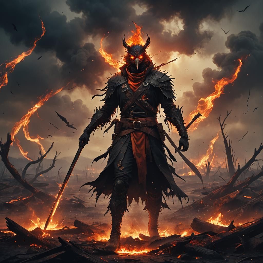 Demonic Bird Warrior in Fiery Wasteland