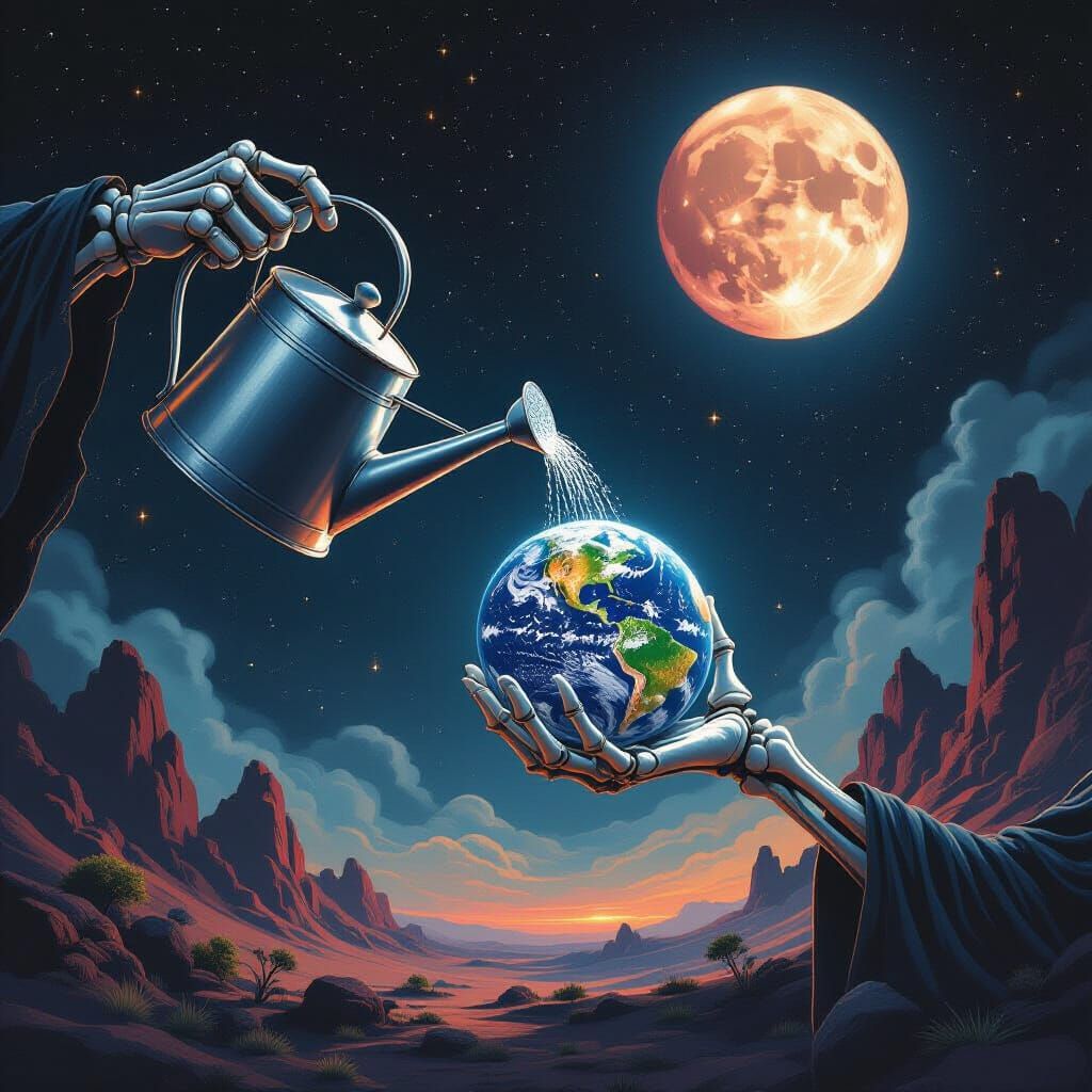 Cosmic Watering Can Nurtures Planet in Surreal Space Scene