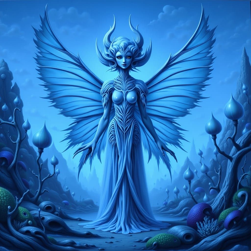 A Lyran, an ethereal pale-skinned blue-eyed alien, in a surreal alien landscape. <lora:Candle girl:1.0><lora:Whimsical a...