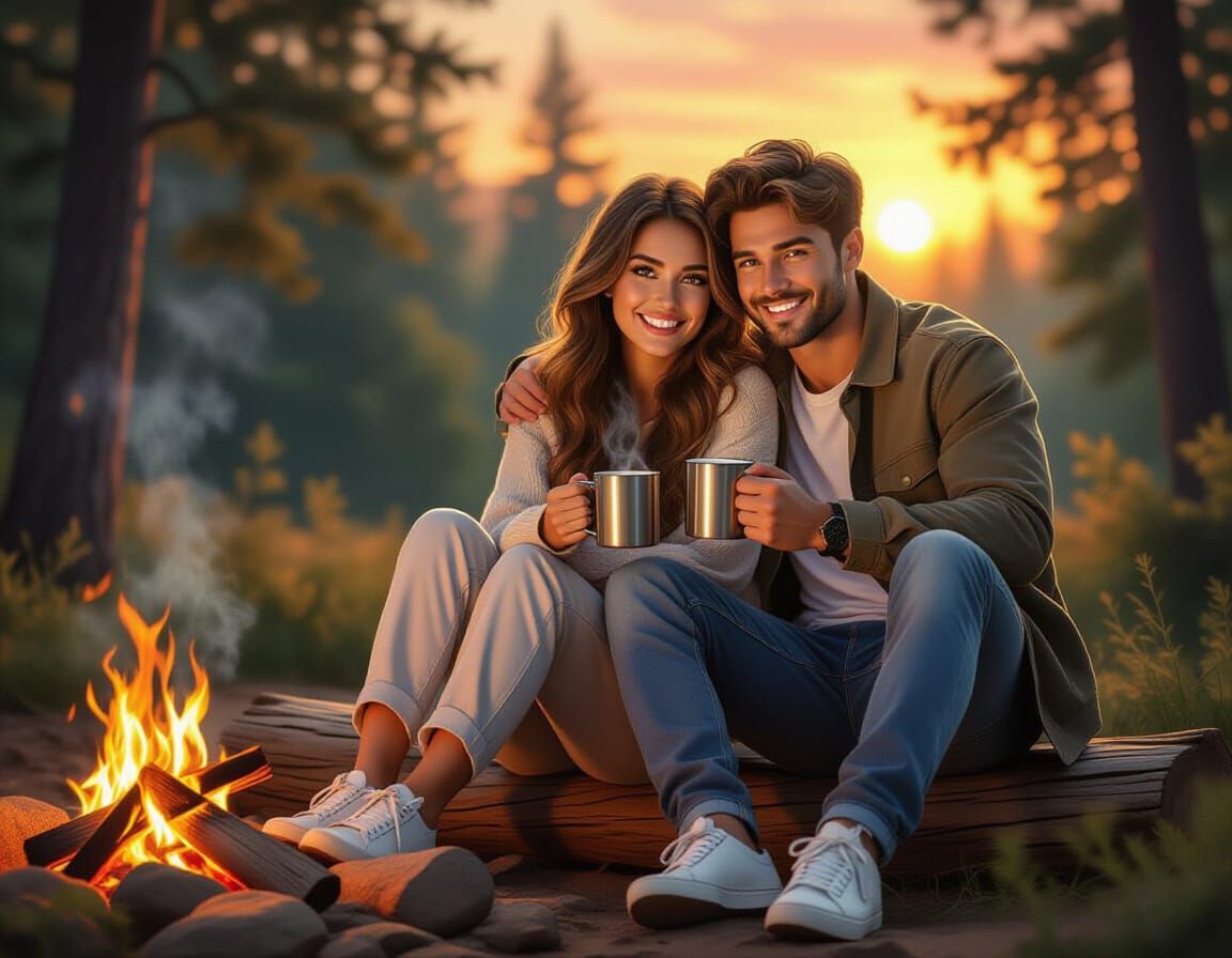 Campfire Scene: Woman and Man in Oil Painting Style