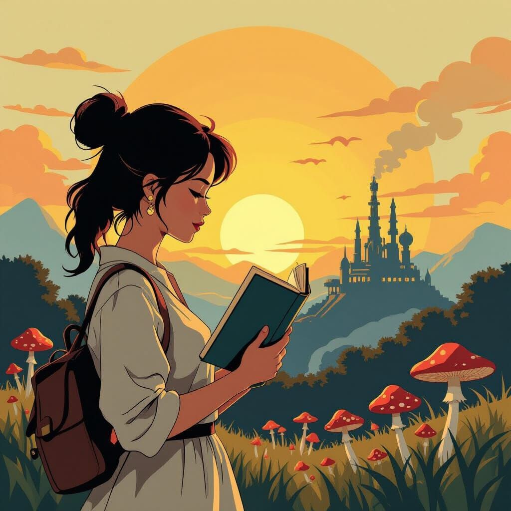 Wireframe Woman Reading at Sunrise: Papercut Style