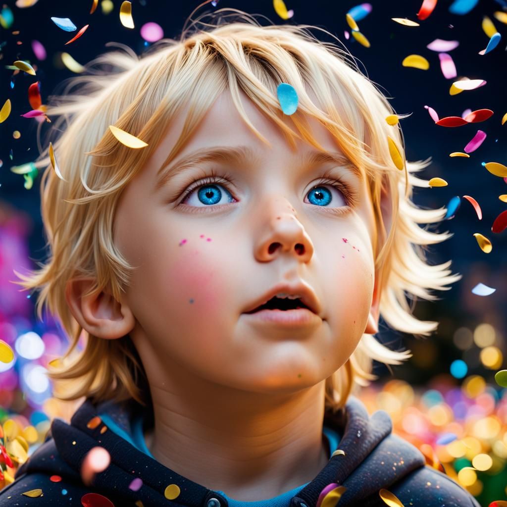 Child in Awe as Confetti Falls at Night