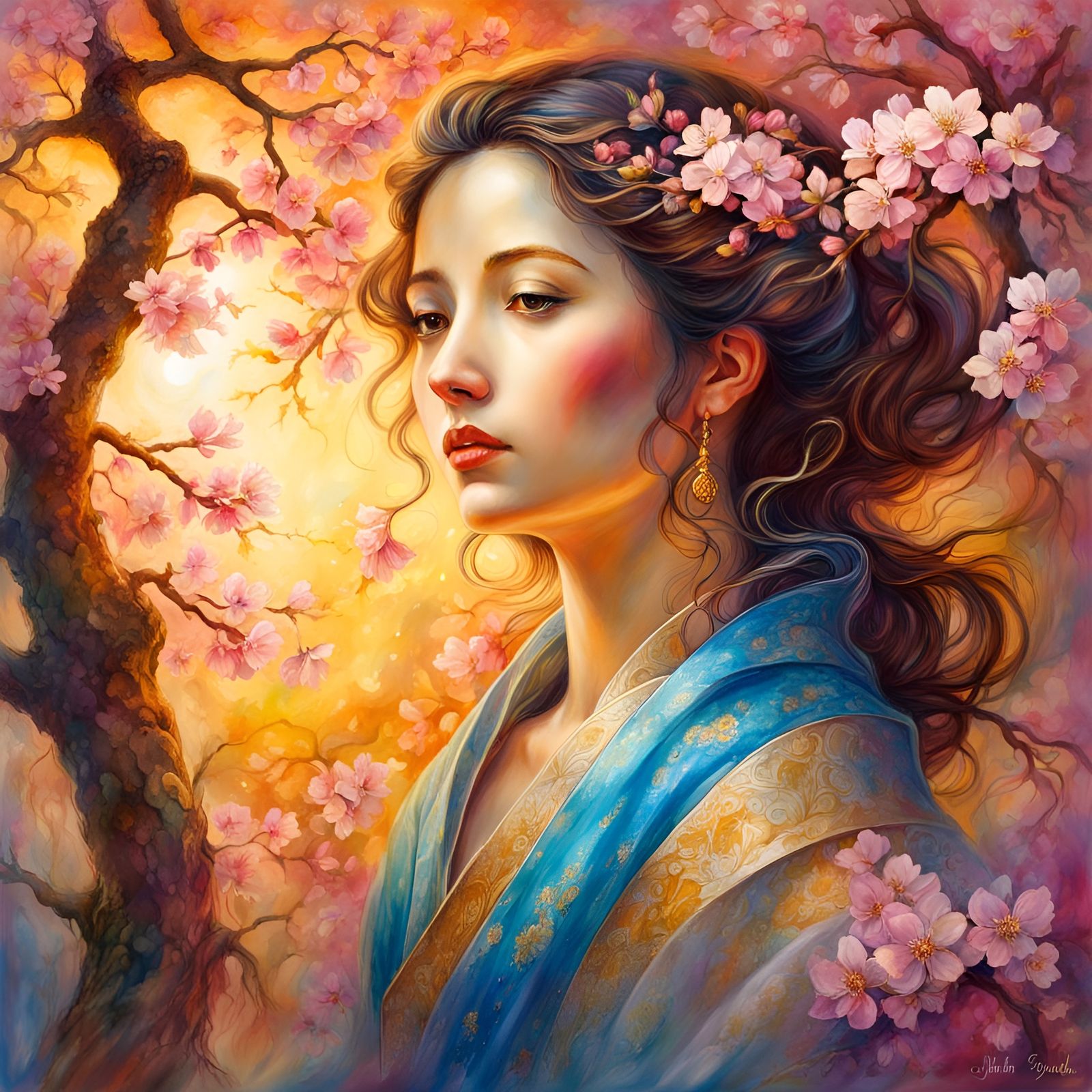 Polychromatic Cherry Blossoms in Watercolor Style