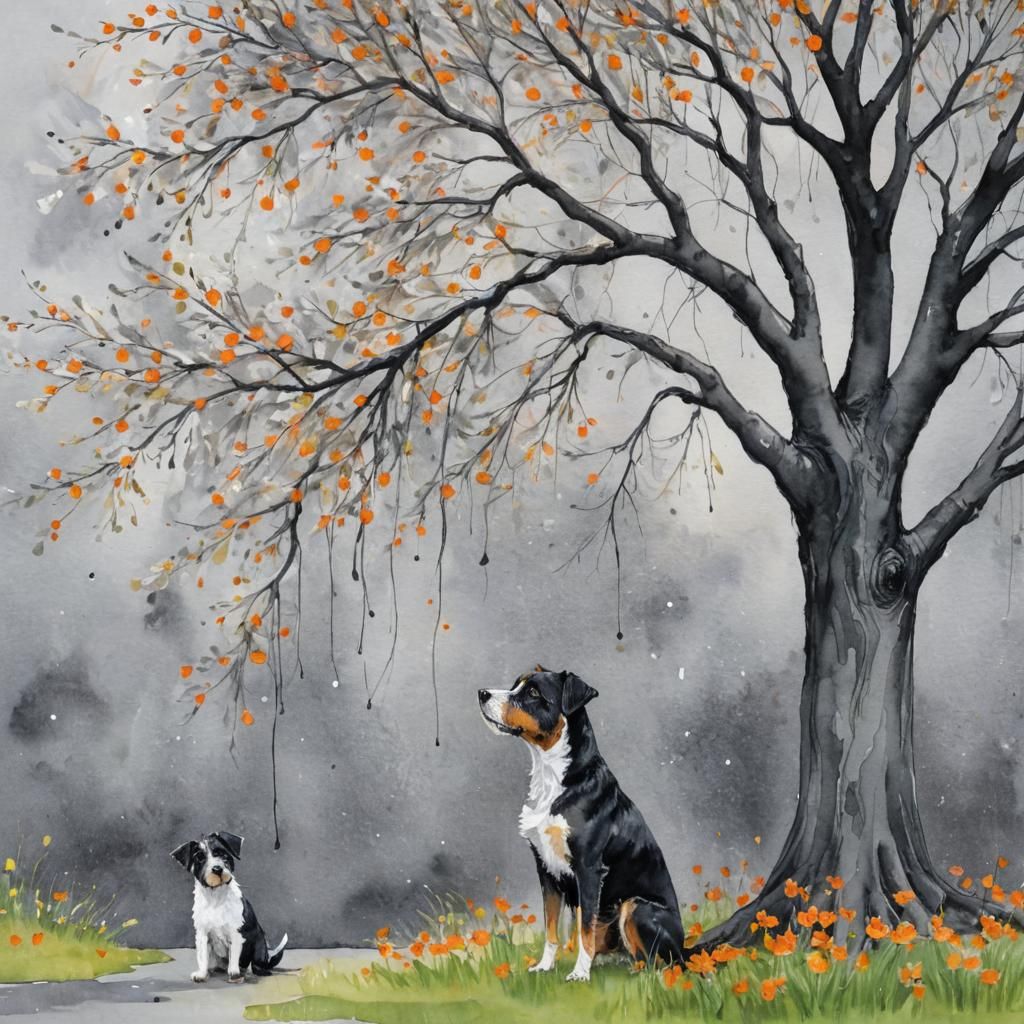 Whimsical Watercolour of Dog, Woman and Orange Blossoms