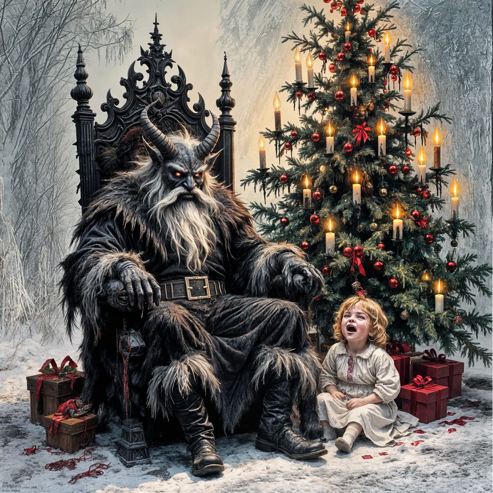 Krampus on Throne with Terrified Child: Horror Art