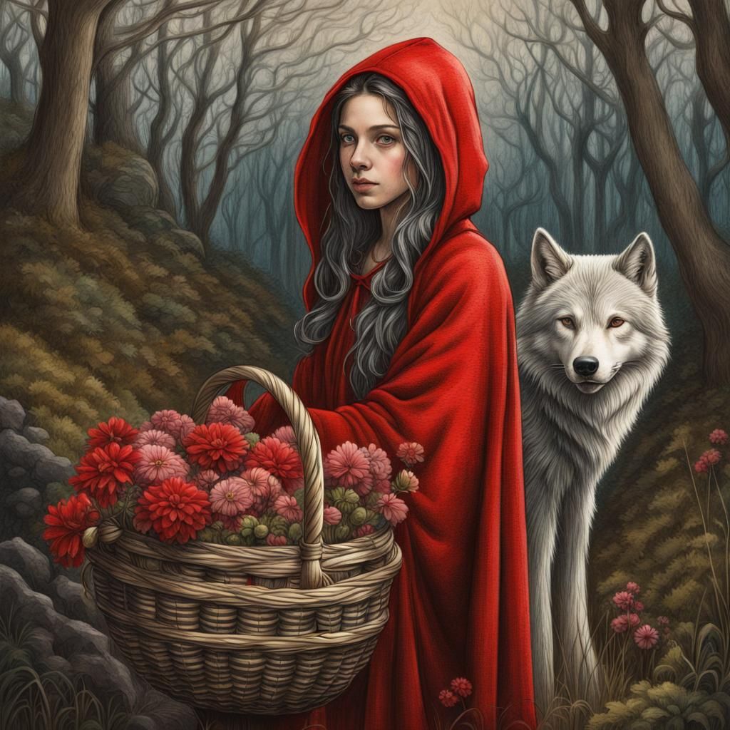 Medieval Girl in Red Cloak: Pencil Color Drawing