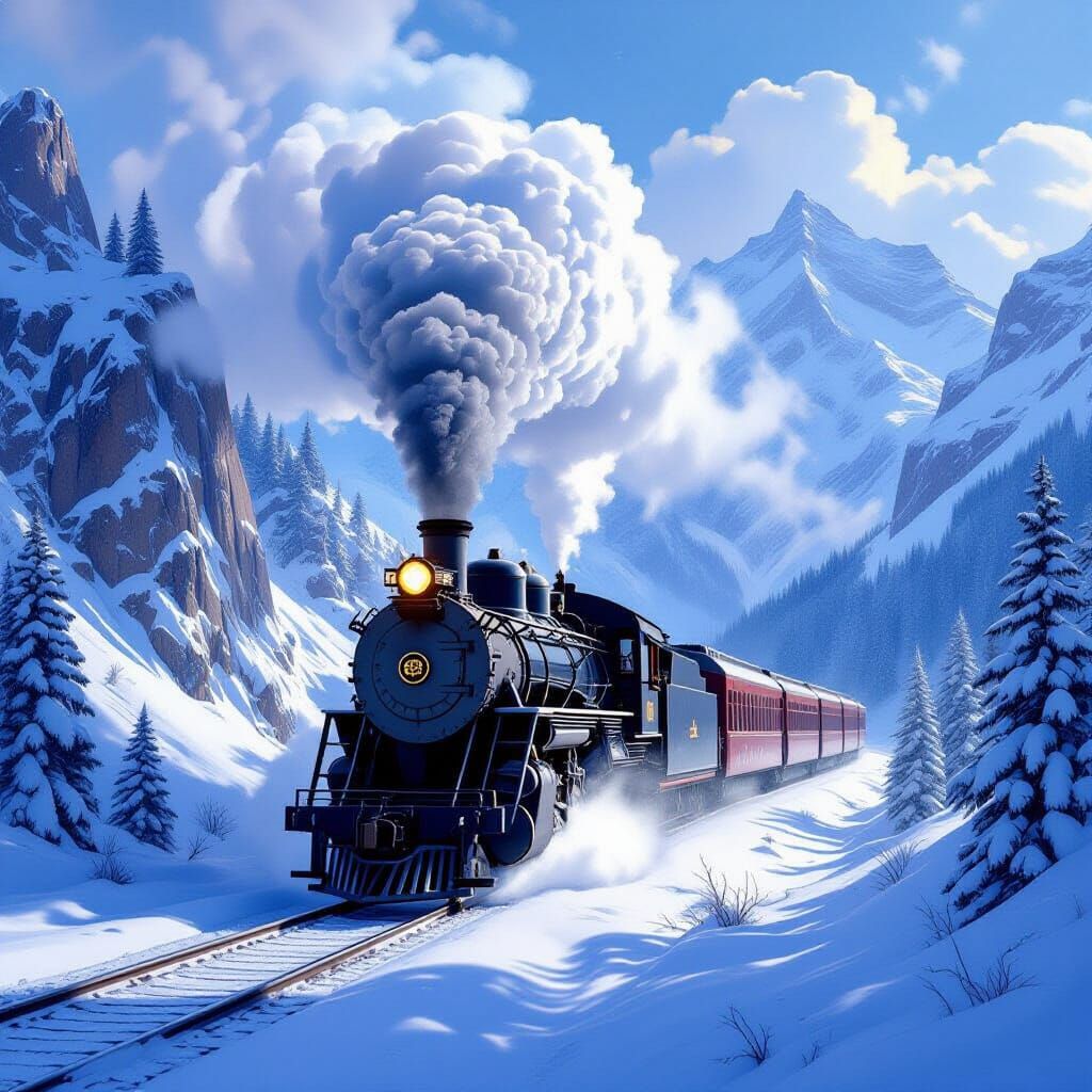 Steam Train in Frozen Mountain Pass Digital Painting