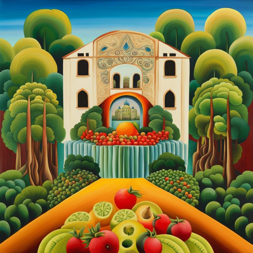 An anarchist building with fruits and vegetables everywhere, dense forest background, in the style of Madhubani art surr...