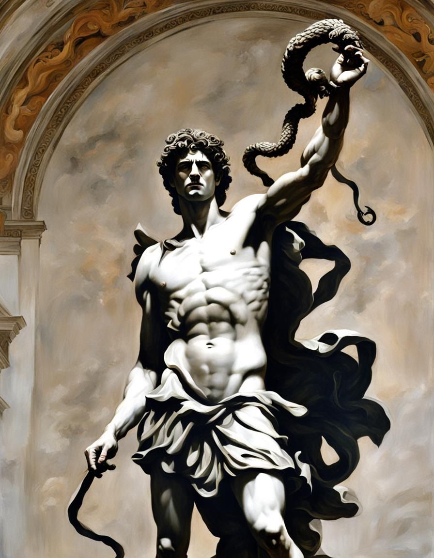 Perseus holding up a snake from Medusa’s head.