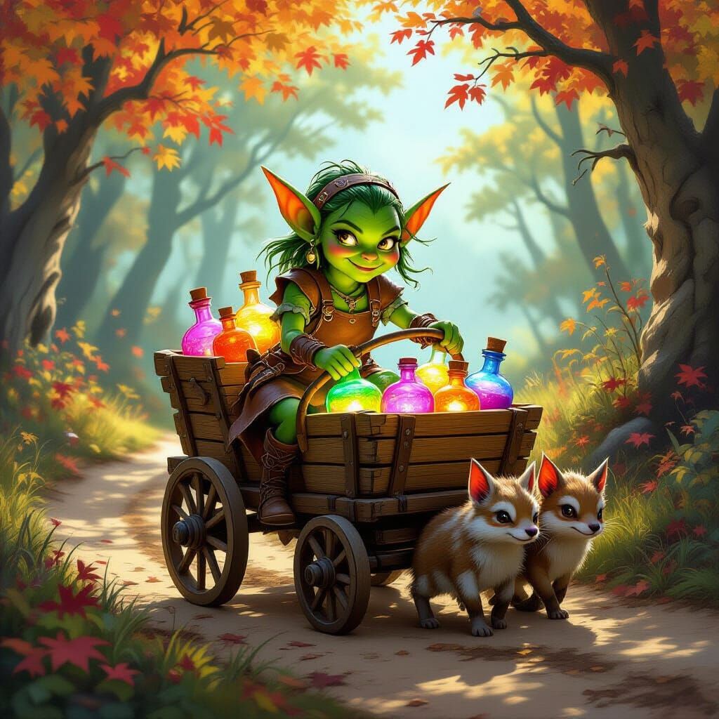 Mischievous Goblin Sells Potions from Wagon