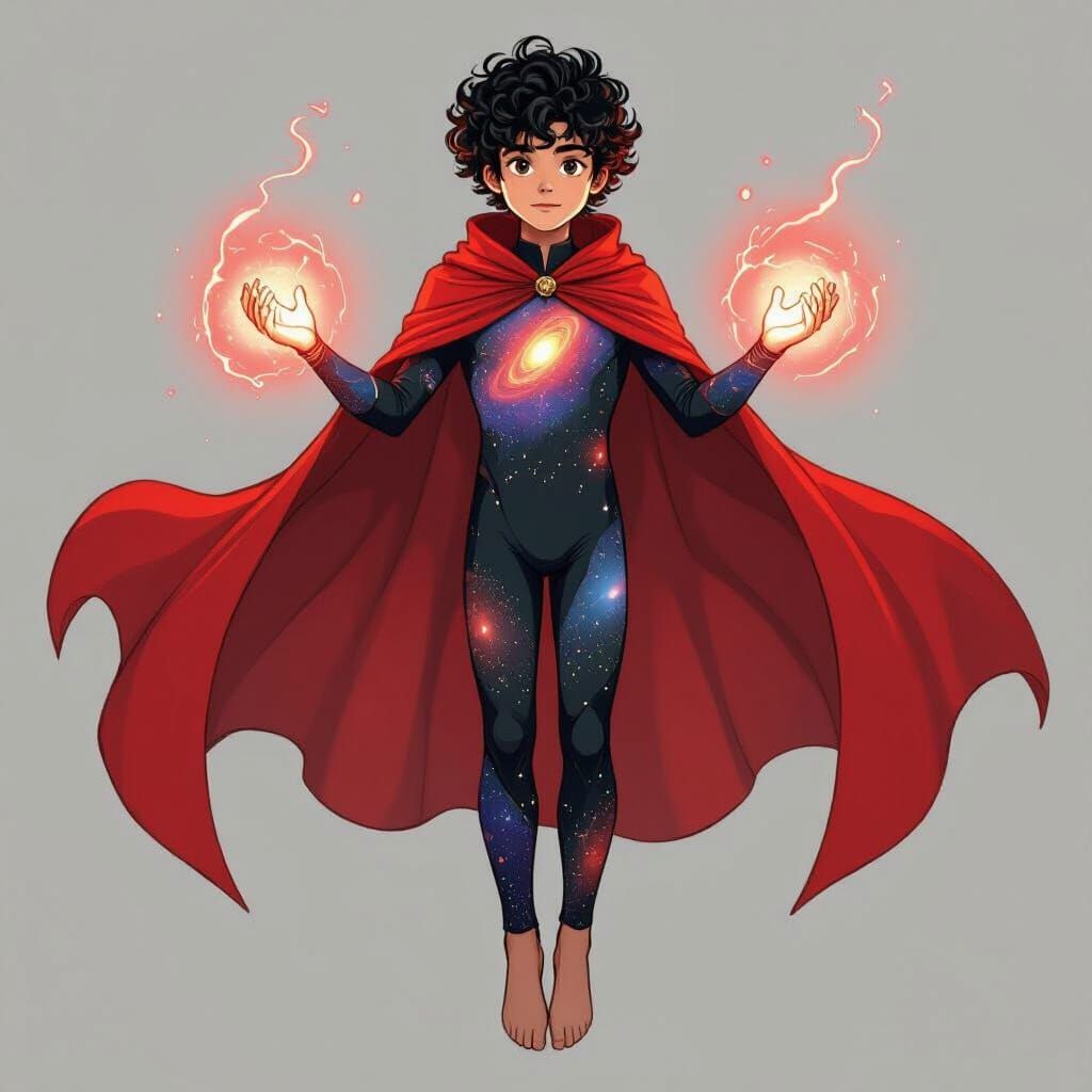 Boy in Space Spandex with Red Cloak Radiating Energy