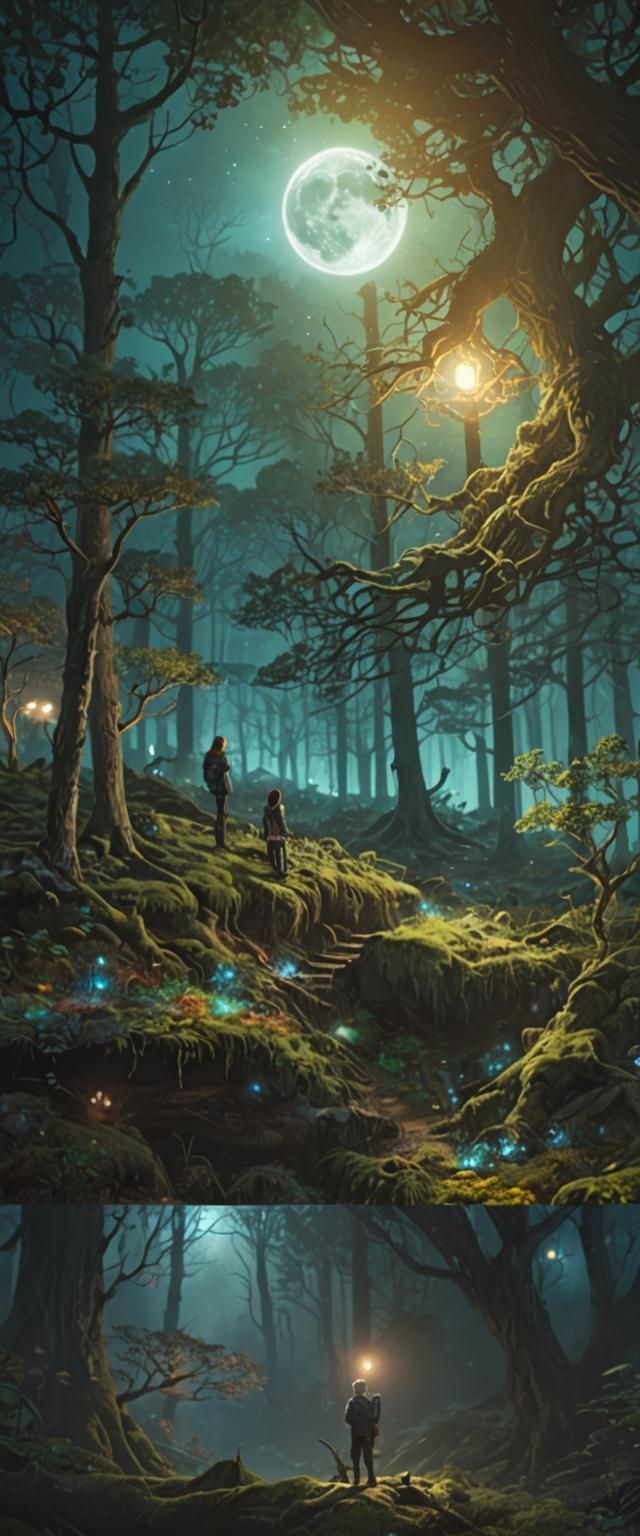 Mysterious Couple in Moonlit Forest: Fantasy Concept Art
