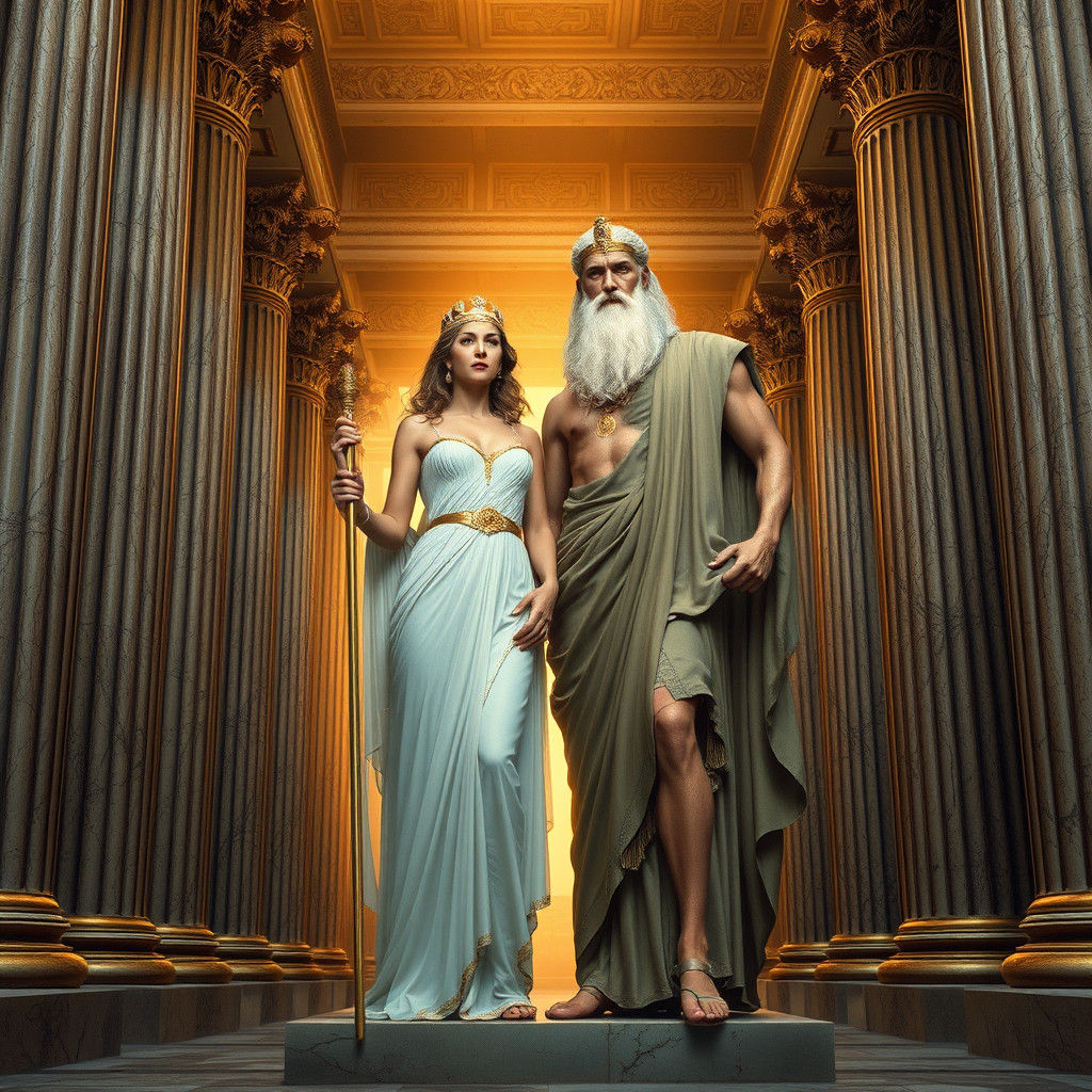 Hera and Zeus in Majestic Greek Temple