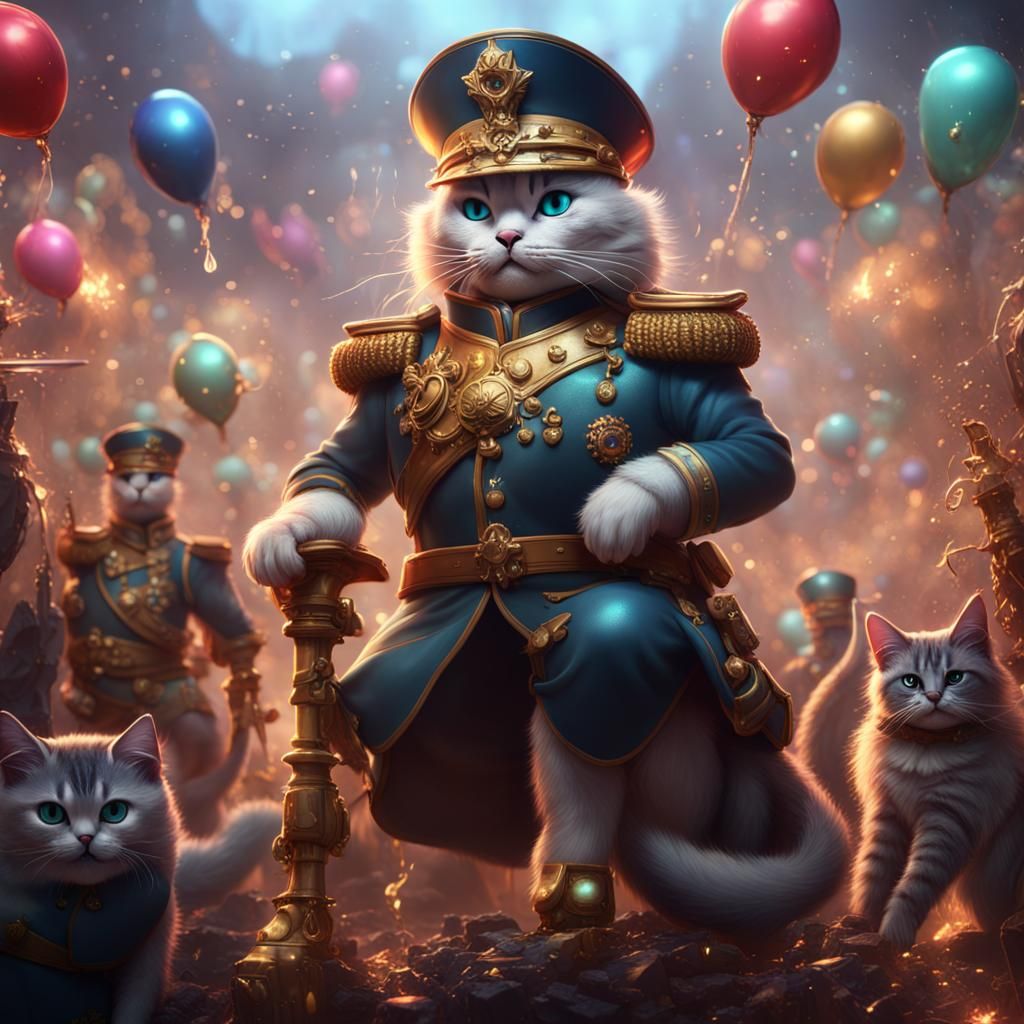 Victorious Feline General Celebrates with Party