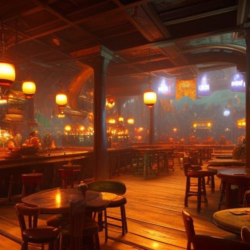 Busy Fantasy Tavern Interior in Detailed Matte Painting