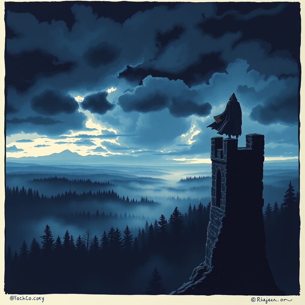 Gothic Tower Figure in Stormy Twilight Woodcut Style