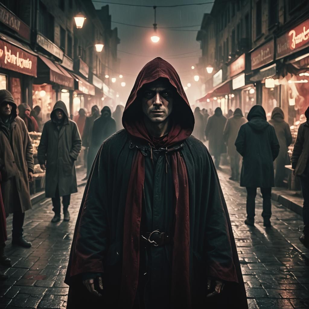 Ominous Cloaked Figure in Crowded Marketplace