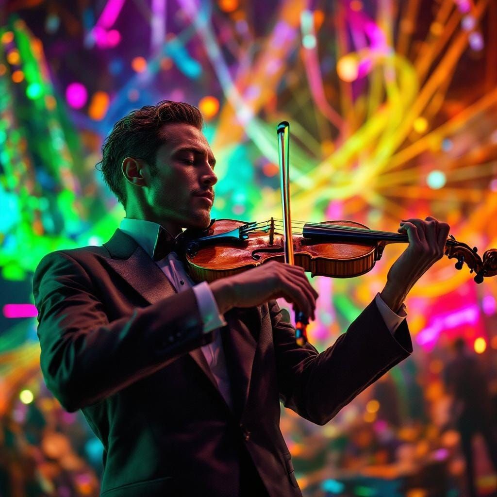 French Man's Neon Violin Serenade: A Surreal Portrait