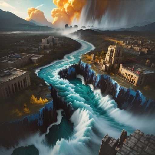 Apocalyptic Torrent: Vibrant Oil Painting of Nature's Fury
