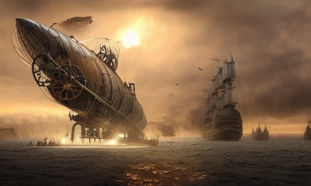 Epic Steampunk Airship Battle Scene