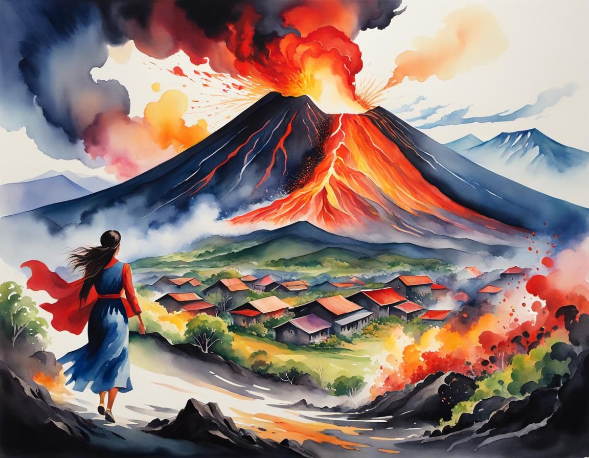 Volcano Eruption: Haunting Watercolor Illustration
