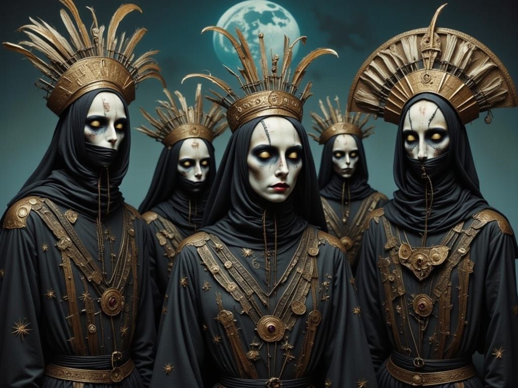 Mysterious Figures in Ornate Hats in a Surreal Style