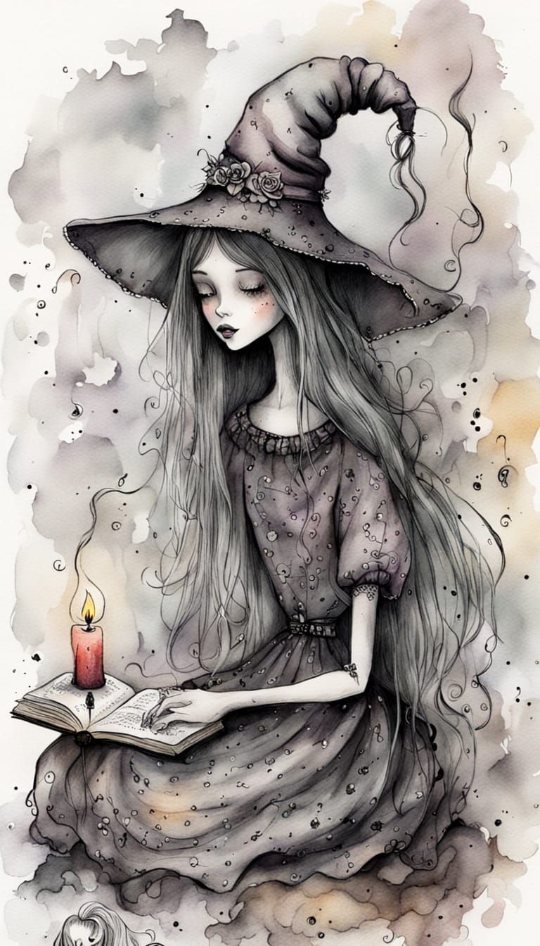 Witchy Doll in Watercolor and Charcoal