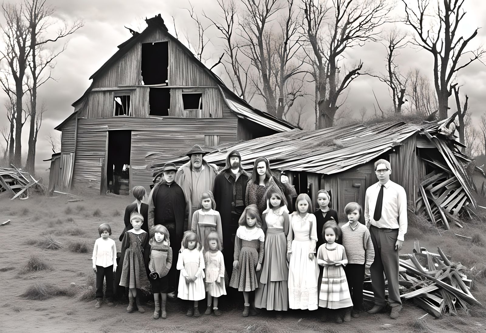 Rural Family Portrait in Graphite Gothic Style