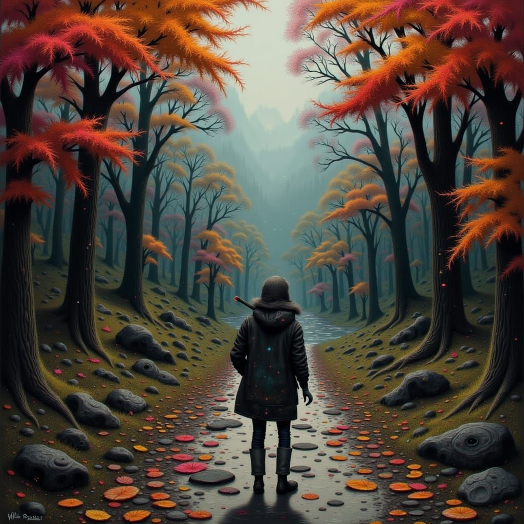 Eerie Forest Road in Digital Painting Style