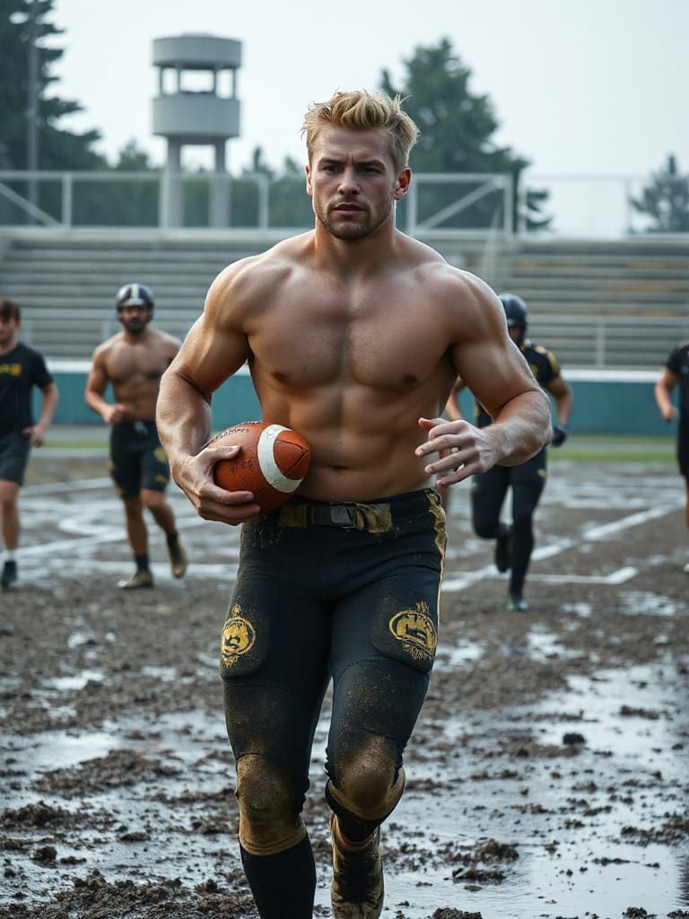 American Footballer Training in the Rain