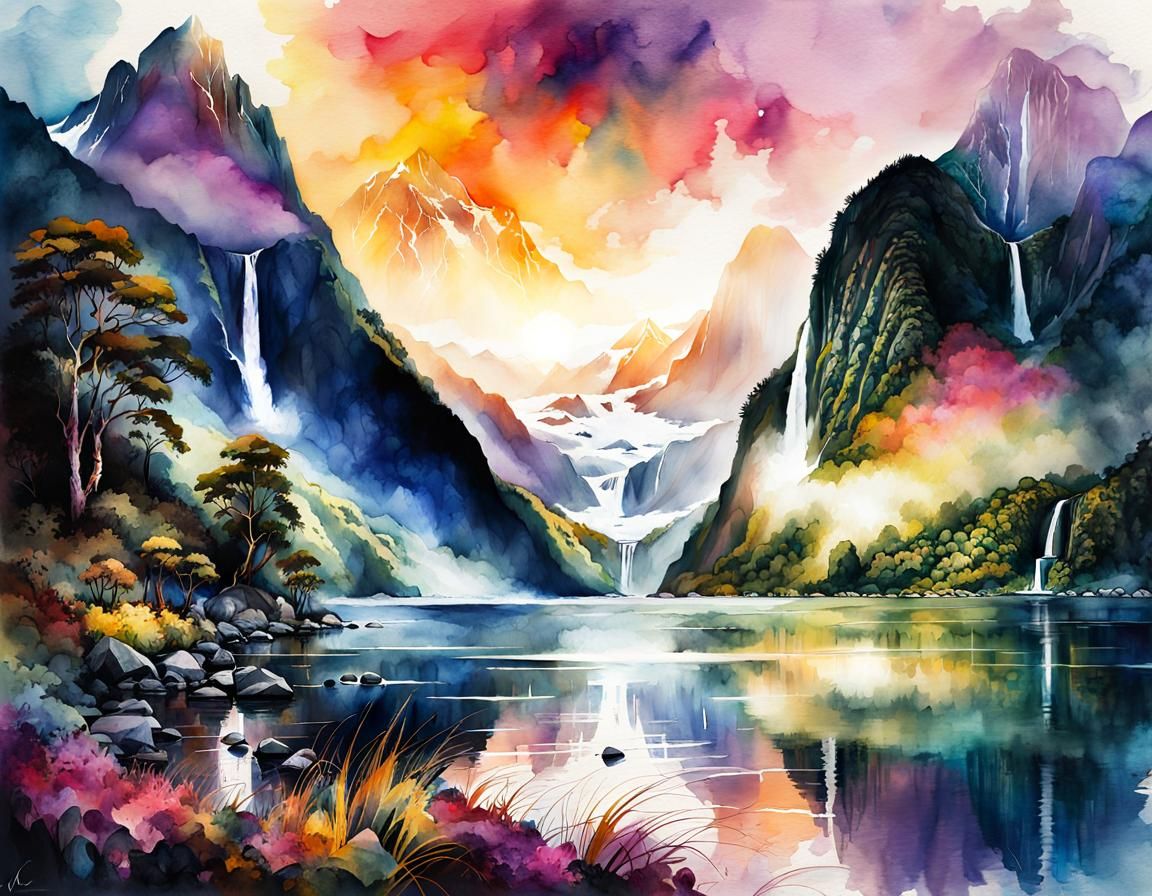 Milford Sound: Digital Watercolor Fantasy Landscape