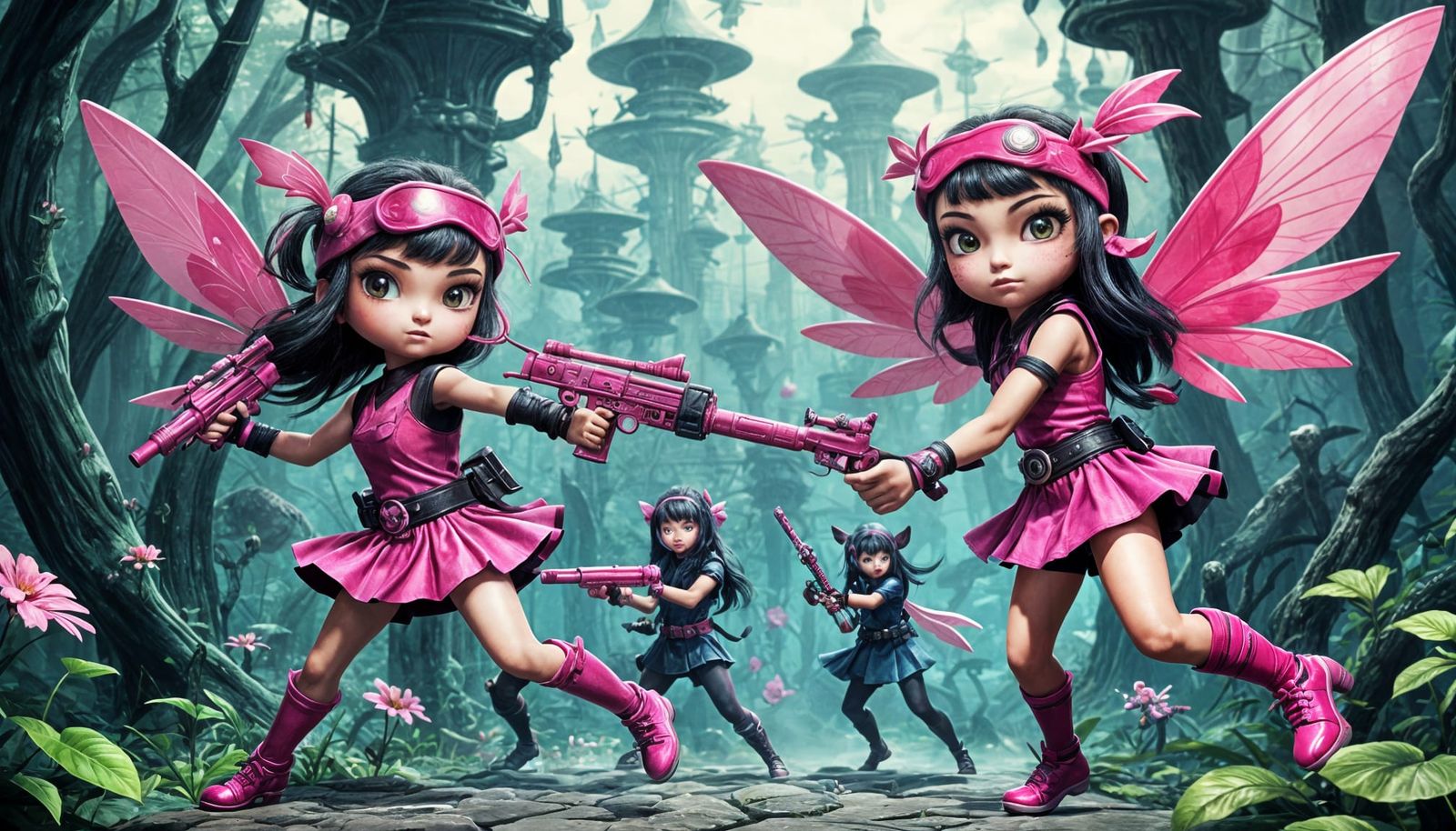 Retro-Style Ninja Fairies Wielding Vibrant Pink Blasters