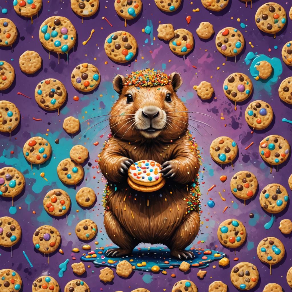 Pointillist Capybara Munching Cookie, Graffiti Art Style