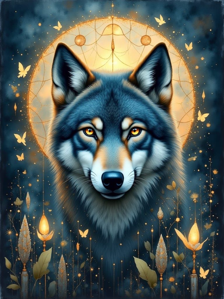 Moonlit Wolf with Dreamcatcher in Surreal Style