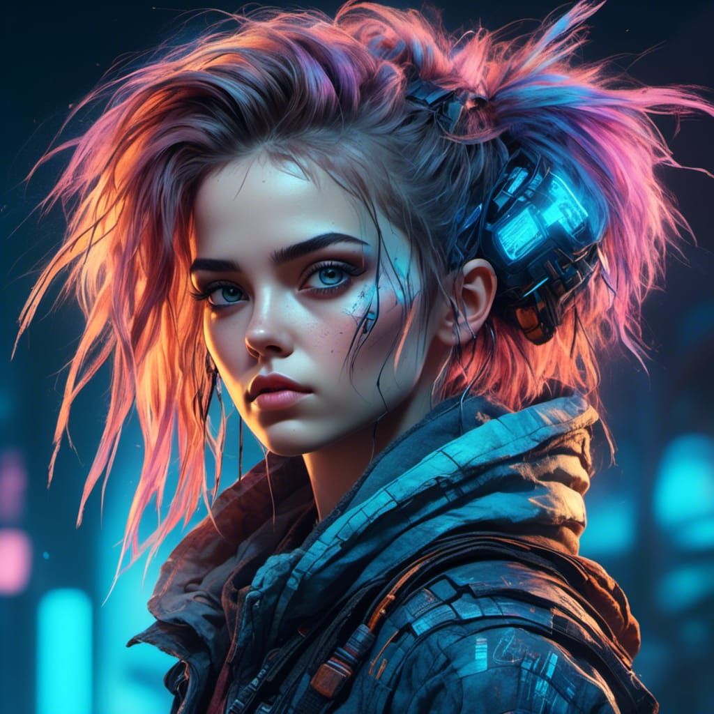 Cyberpunk Female Portrait with Sunset, Synthwave Style