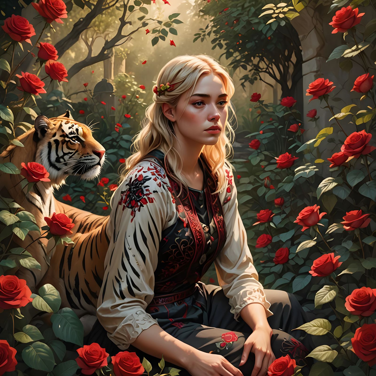 Lonely Girl in Rose Garden with Tiger