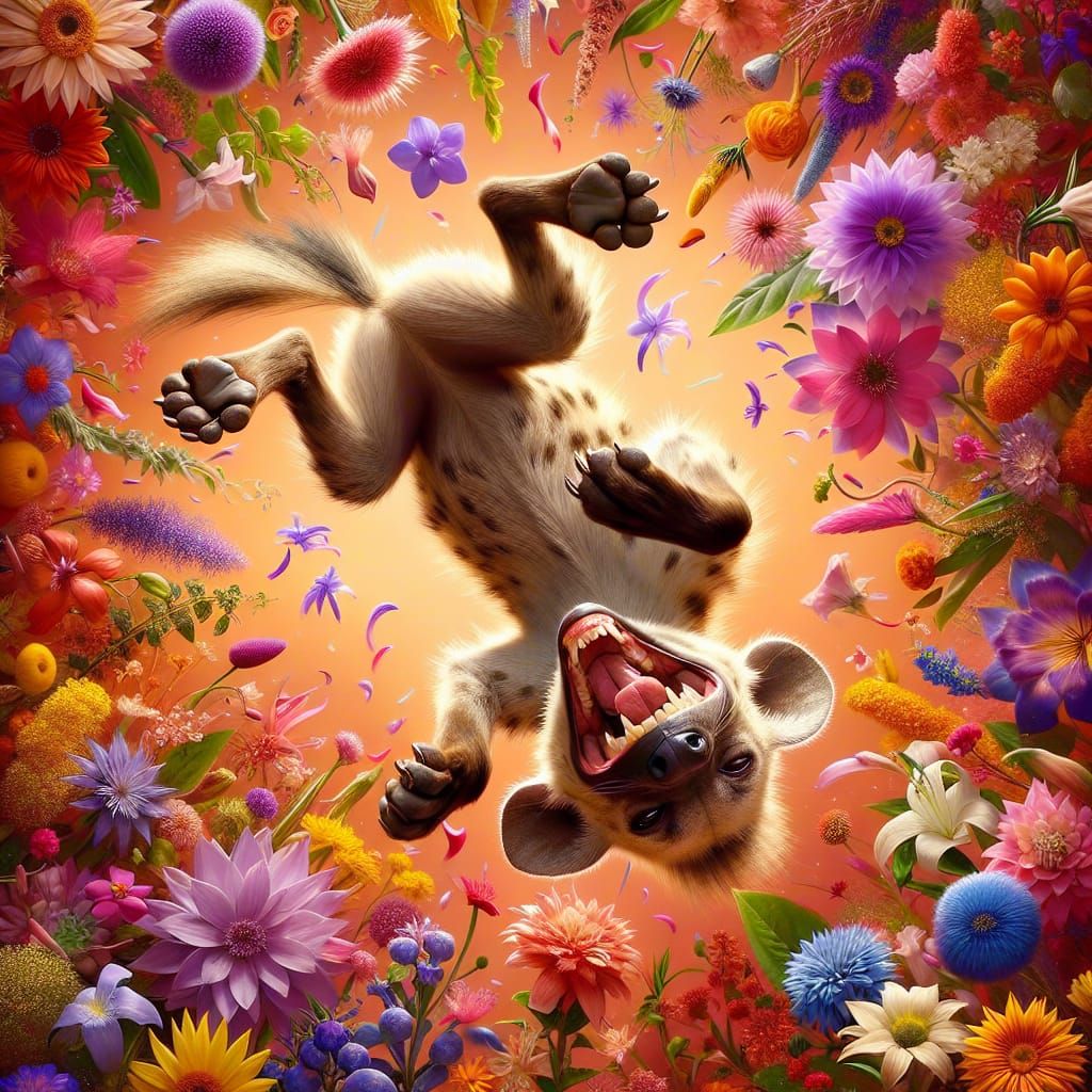 Joyful Upside-Down Hyena in Botanical Dreamscape