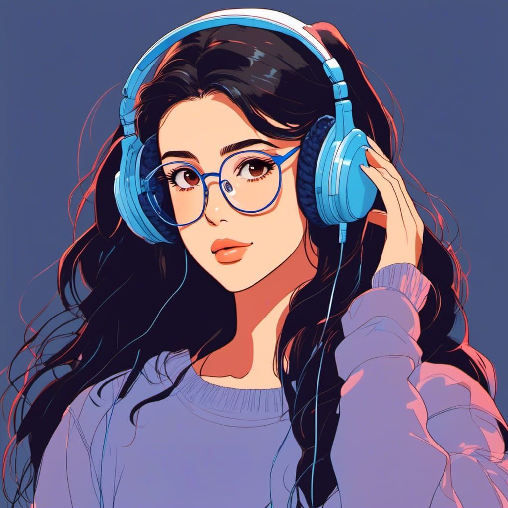 Anime Girl with Headphones in Retro Style