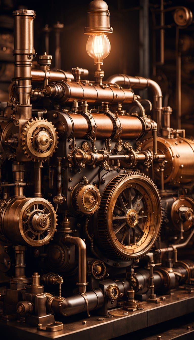 Steampunk Engine with Brass Fixtures and Copper Accents