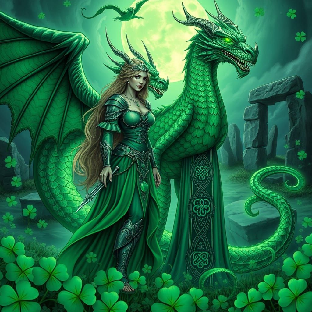 Emerald Goddess of St. Patrick's Day in Dark Fantasy Style