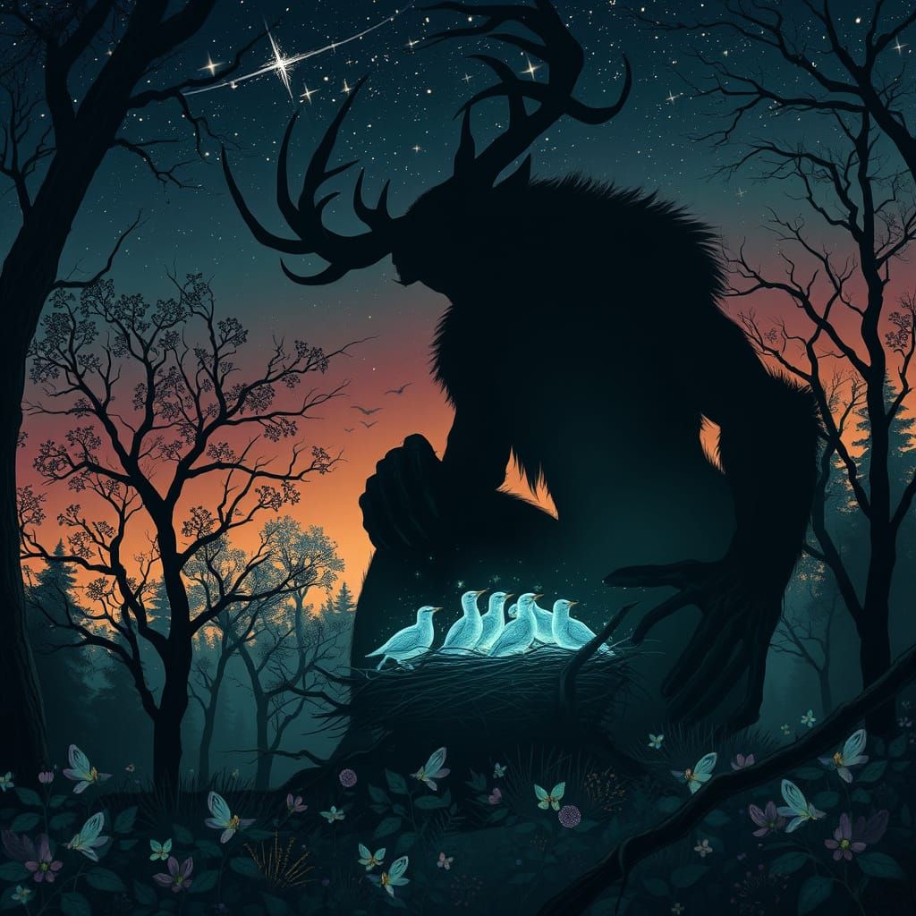 Antlered Giant Tending Dream Birds in Ethereal Grove