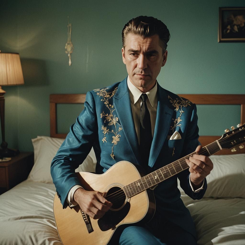 Film Noir Guitarist in Motel Room