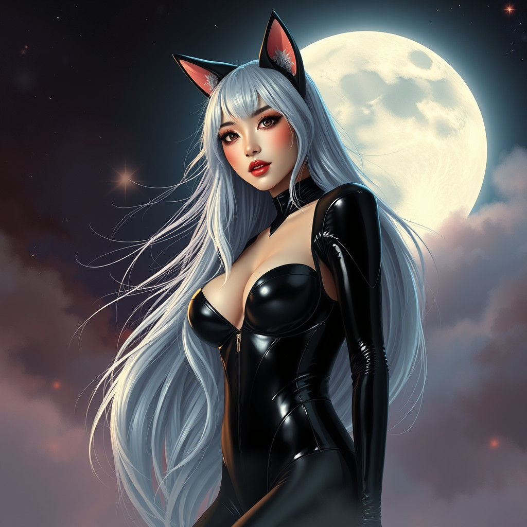 Celestial Woman in Black Latex Suit, Hyperrealistic Art